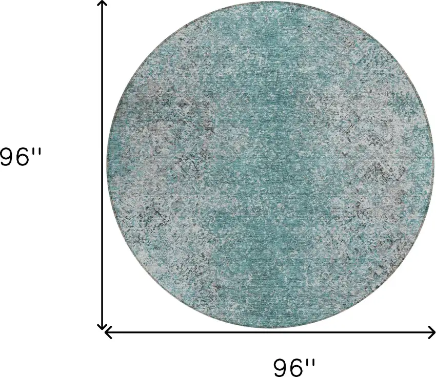 8' Teal Blue Gray And Charcoal Round Oriental Washable Indoor Outdoor Area Rug Photo 3