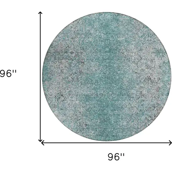 8' Teal Blue Gray And Charcoal Round Oriental Washable Indoor Outdoor Area Rug Photo 3