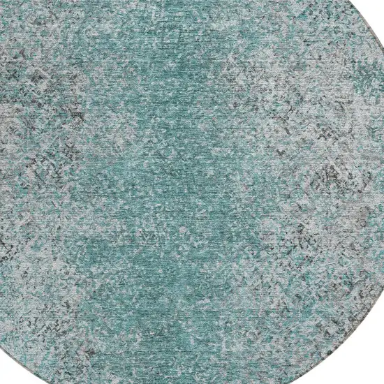8' Teal Blue Gray And Charcoal Round Oriental Washable Indoor Outdoor Area Rug Photo 4