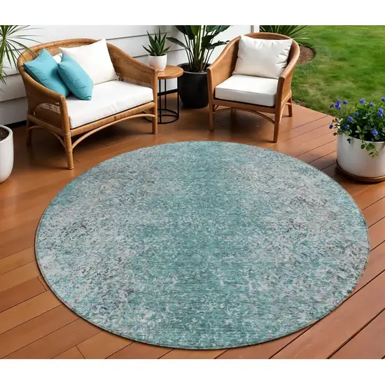 8' Teal Blue Gray And Charcoal Round Oriental Washable Indoor Outdoor Area Rug Photo 1