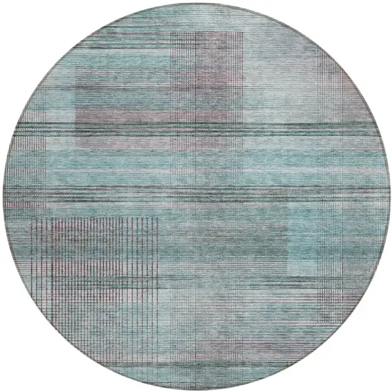 8' Teal Blue Gray And Charcoal Round Striped Washable Indoor Outdoor Area Rug Photo 2