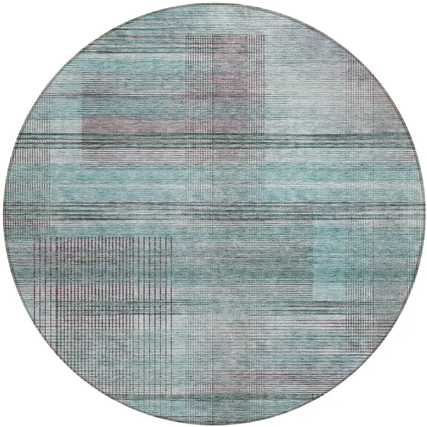 8' Teal Blue Gray And Charcoal Round Striped Washable Indoor Outdoor Area Rug Photo 2