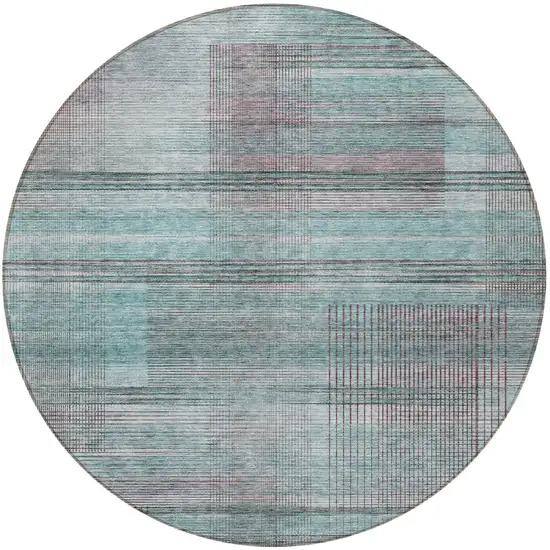 8' Teal Blue Gray And Charcoal Round Striped Washable Indoor Outdoor Area Rug Photo 5
