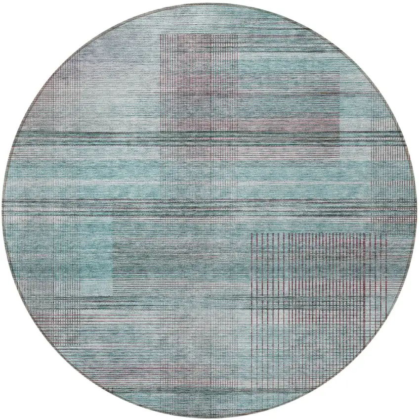 8' Teal Blue Gray And Charcoal Round Striped Washable Indoor Outdoor Area Rug Photo 5