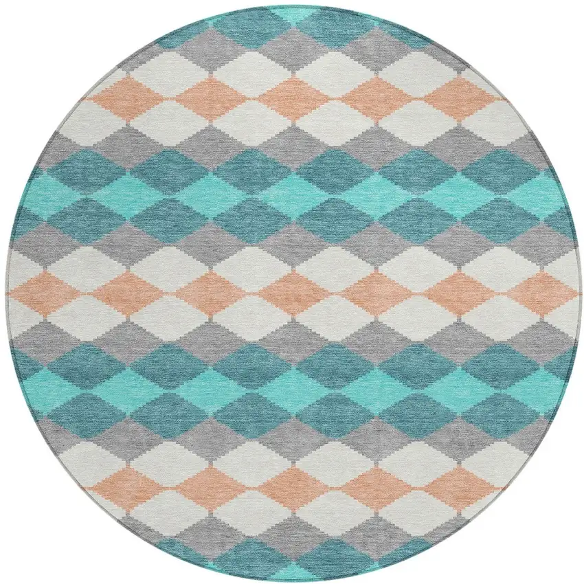 8' Teal Blue Gray And Copper Round Geometric Washable Indoor Outdoor Area Rug Photo 6