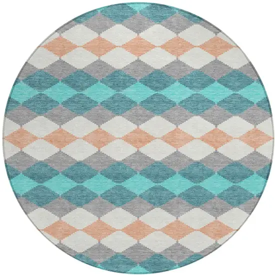 8' Teal Blue Gray And Copper Round Geometric Washable Indoor Outdoor Area Rug Photo 6
