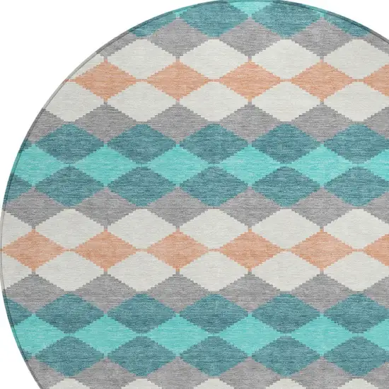8' Teal Blue Gray And Copper Round Geometric Washable Indoor Outdoor Area Rug Photo 5