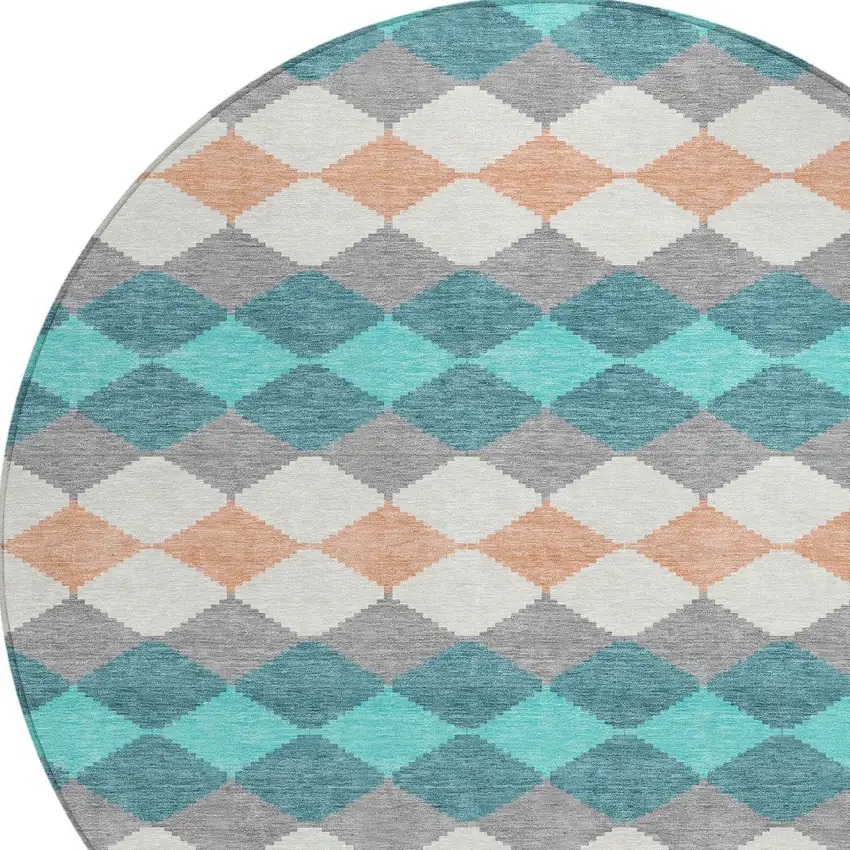 8' Teal Blue Gray And Copper Round Geometric Washable Indoor Outdoor Area Rug Photo 5