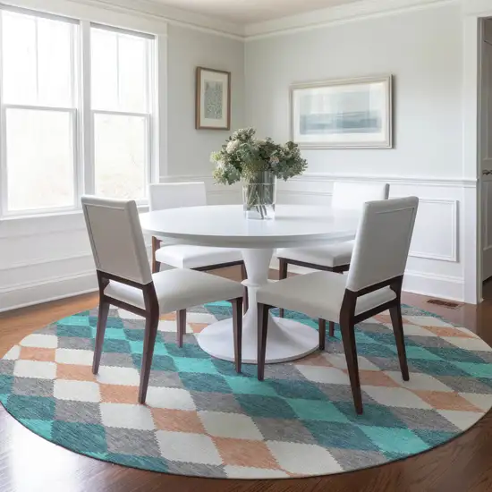 8' Teal Blue Gray And Copper Round Geometric Washable Indoor Outdoor Area Rug Photo 8