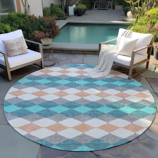 8' Teal Blue Gray And Copper Round Geometric Washable Indoor Outdoor Area Rug Photo 7