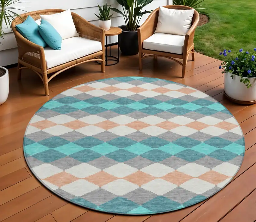 8' Teal Blue Gray And Copper Round Geometric Washable Indoor Outdoor Area Rug Photo 1