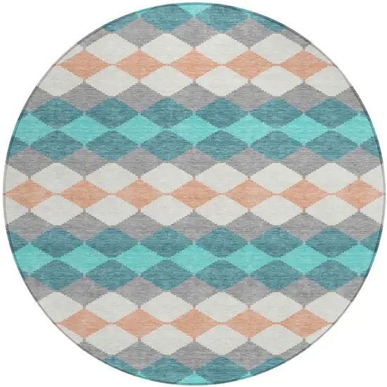 8' Teal Blue Gray And Copper Round Geometric Washable Indoor Outdoor Area Rug Photo 2