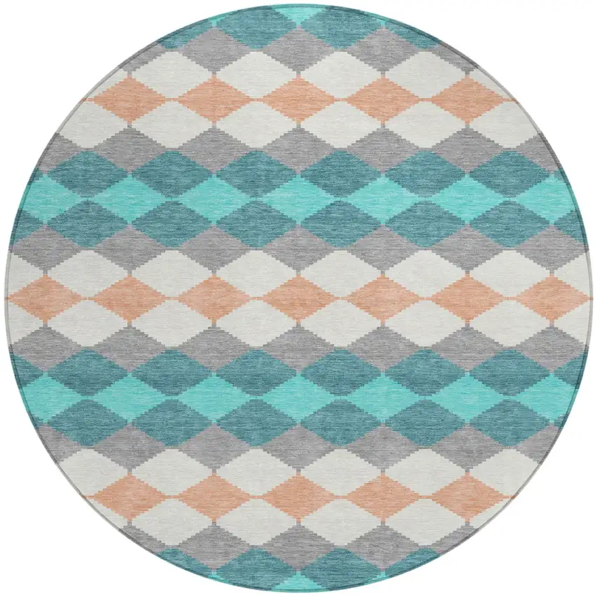 8' Teal Blue Gray And Copper Round Geometric Washable Indoor Outdoor Area Rug Photo 2