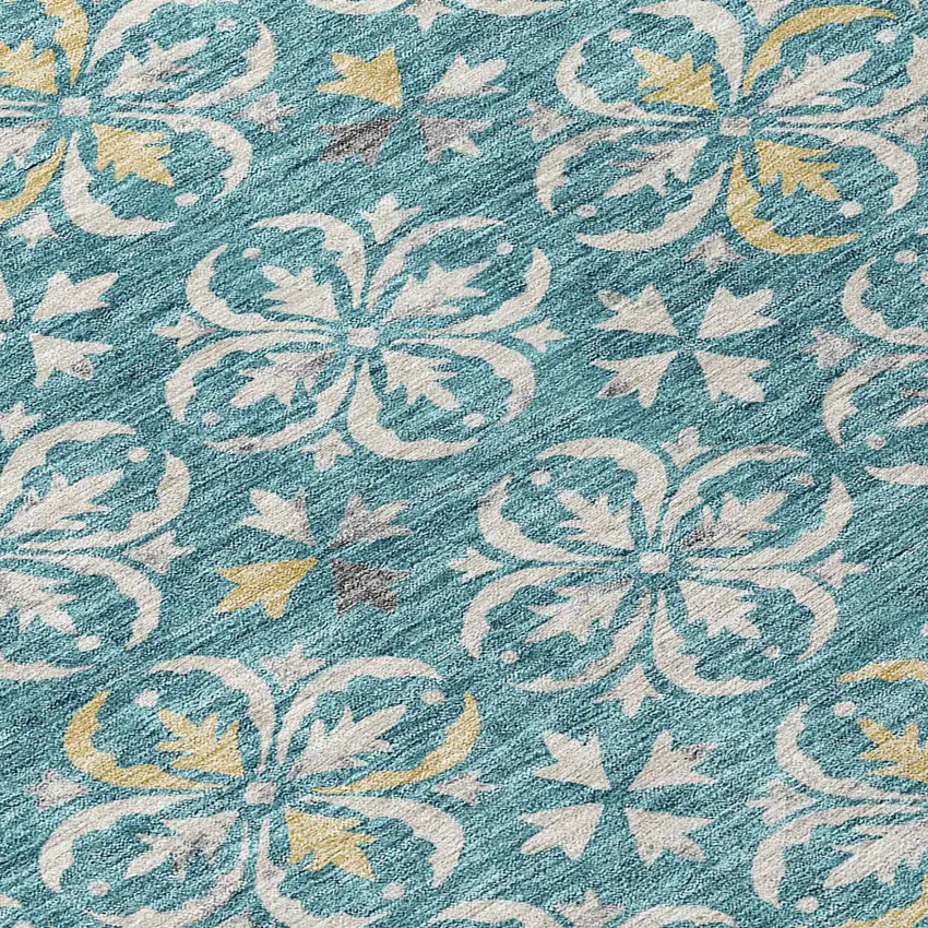 8' Teal Blue Gray And Gold Round Floral Washable Indoor Outdoor Area Rug Photo 8