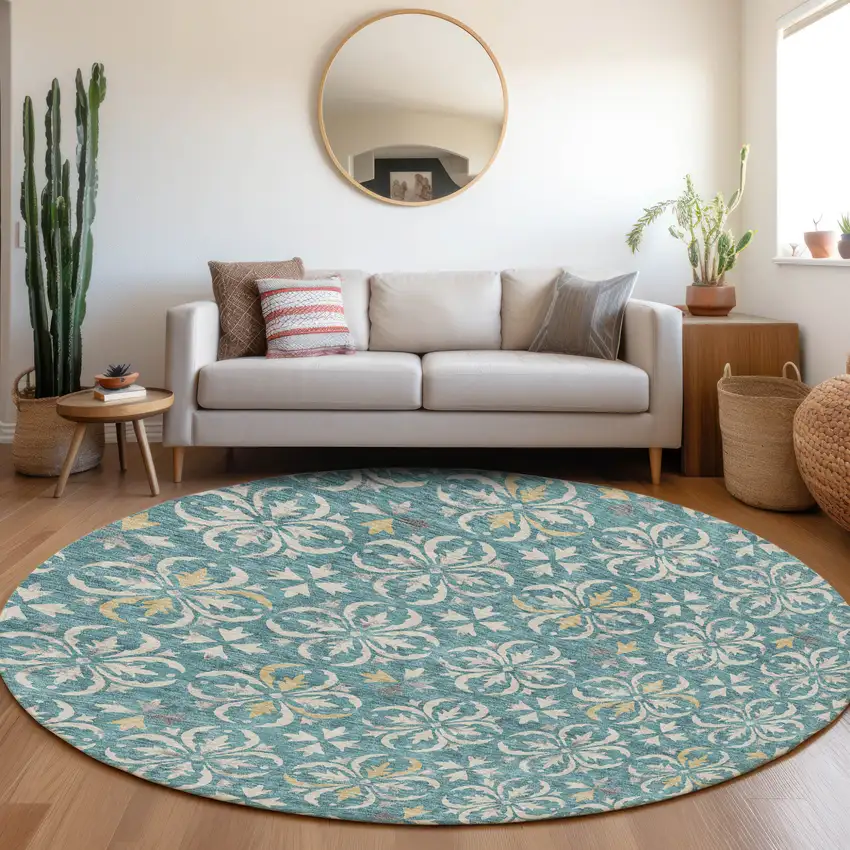 8' Teal Blue Gray And Gold Round Floral Washable Indoor Outdoor Area Rug Photo 7