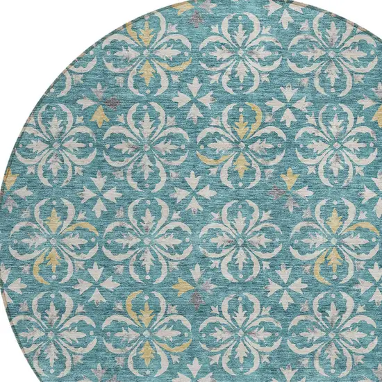 8' Teal Blue Gray And Gold Round Floral Washable Indoor Outdoor Area Rug Photo 4