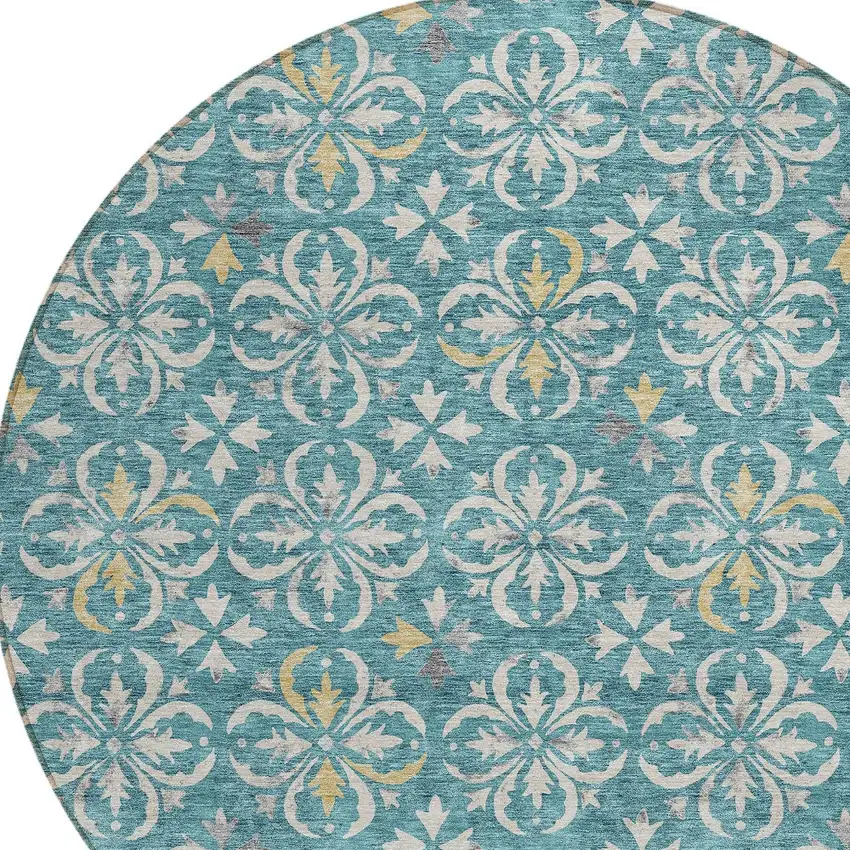 8' Teal Blue Gray And Gold Round Floral Washable Indoor Outdoor Area Rug Photo 4