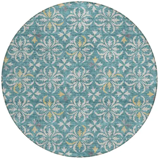 8' Teal Blue Gray And Gold Round Floral Washable Indoor Outdoor Area Rug Photo 5