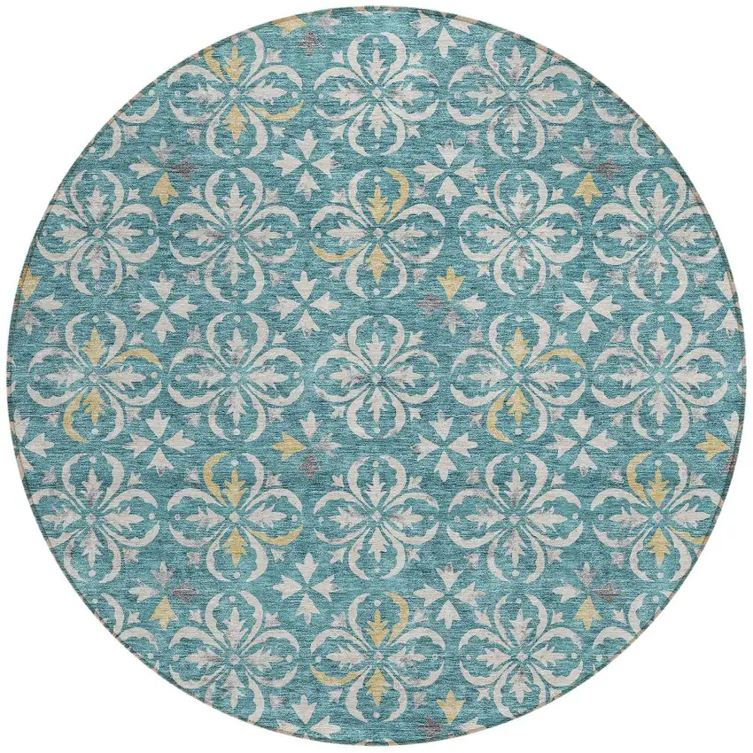 8' Teal Blue Gray And Gold Round Floral Washable Indoor Outdoor Area Rug Photo 5
