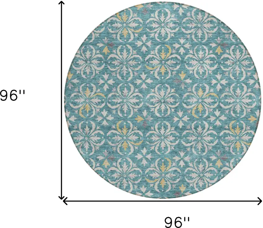 8' Teal Blue Gray And Gold Round Floral Washable Indoor Outdoor Area Rug Photo 3