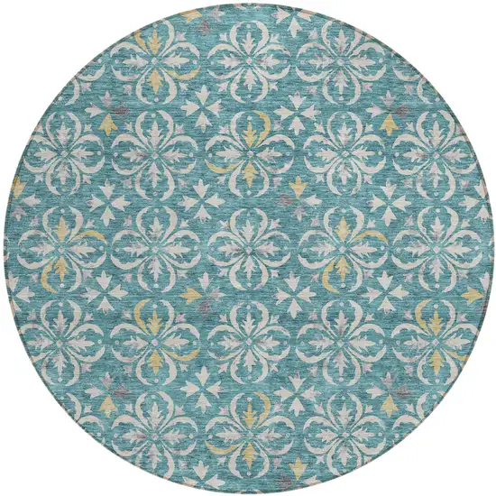 8' Teal Blue Gray And Gold Round Floral Washable Indoor Outdoor Area Rug Photo 2