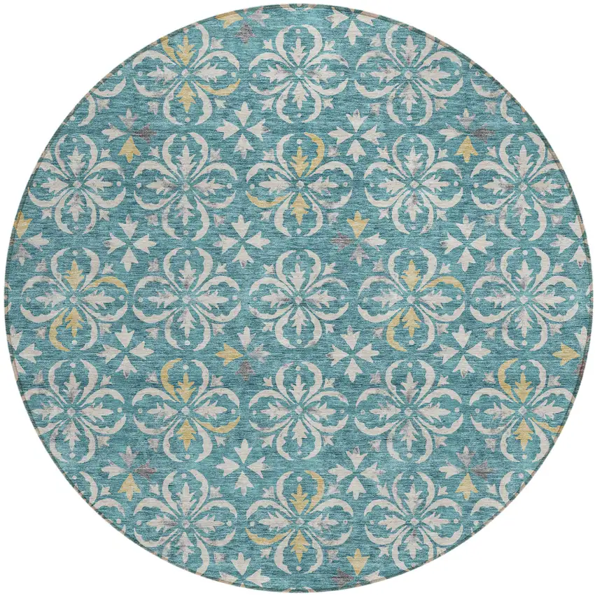 8' Teal Blue Gray And Gold Round Floral Washable Indoor Outdoor Area Rug Photo 2