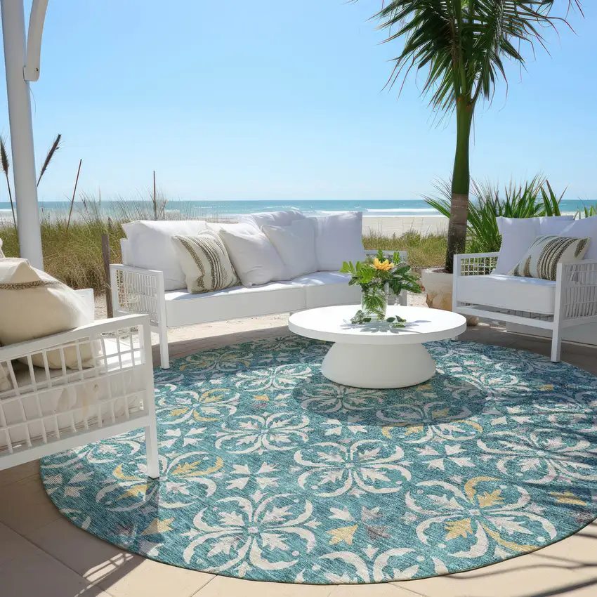 8' Teal Blue Gray And Gold Round Floral Washable Indoor Outdoor Area Rug Photo 6