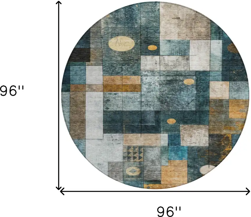 8' Teal Blue Gray And Gold Round Geometric Washable Indoor Outdoor Area Rug Photo 9