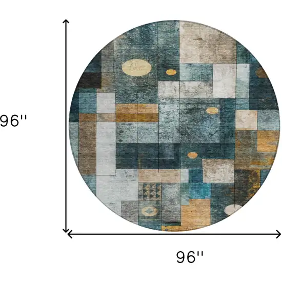 8' Teal Blue Gray And Gold Round Geometric Washable Indoor Outdoor Area Rug Photo 9