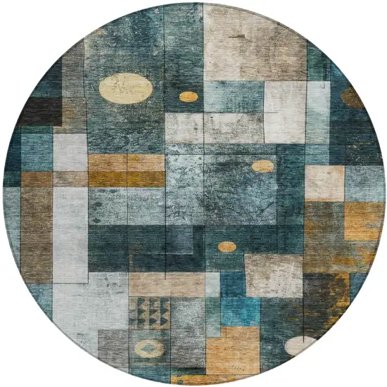 8' Teal Blue Gray And Gold Round Geometric Washable Indoor Outdoor Area Rug Photo 2