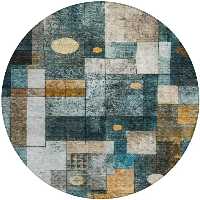 8' Teal Blue Gray And Gold Round Geometric Washable Indoor Outdoor Area Rug Photo 2