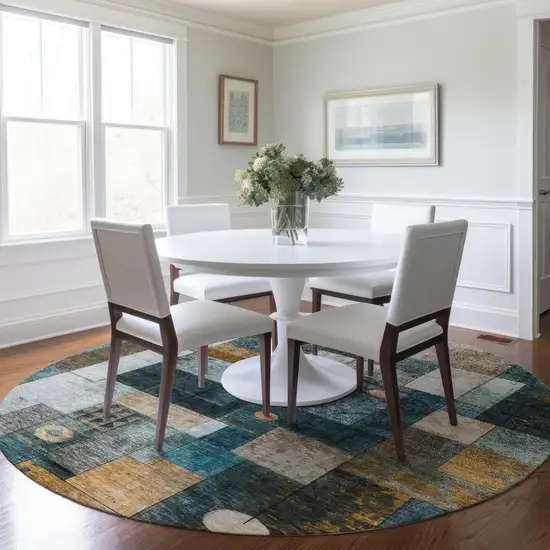 8' Teal Blue Gray And Gold Round Geometric Washable Indoor Outdoor Area Rug Photo 8