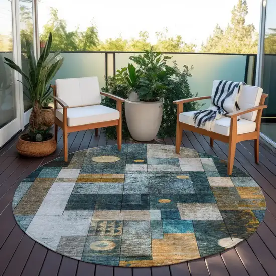 8' Teal Blue Gray And Gold Round Geometric Washable Indoor Outdoor Area Rug Photo 7