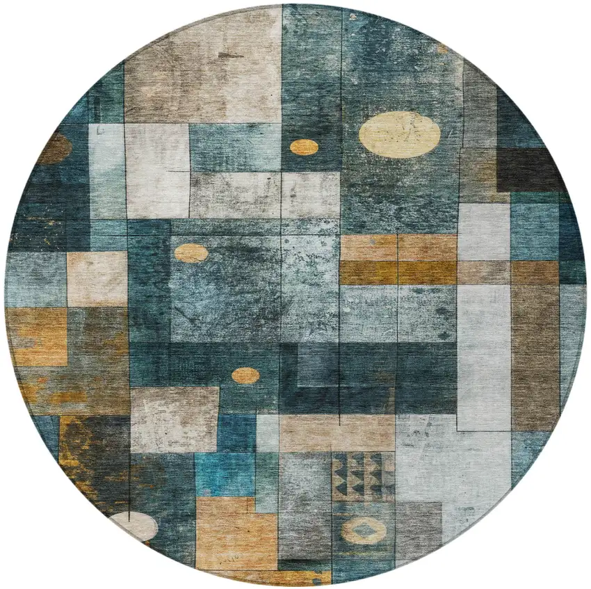 8' Teal Blue Gray And Gold Round Geometric Washable Indoor Outdoor Area Rug Photo 5