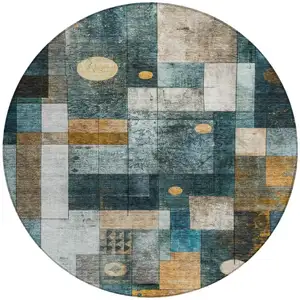 Photo of 8' Teal Blue Gray And Gold Round Geometric Washable Indoor Outdoor Area Rug