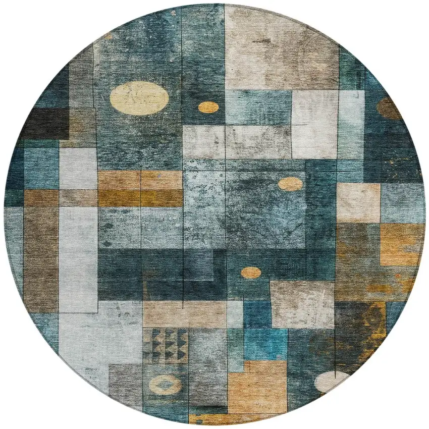 8' Teal Blue Gray And Gold Round Geometric Washable Indoor Outdoor Area Rug Photo 4