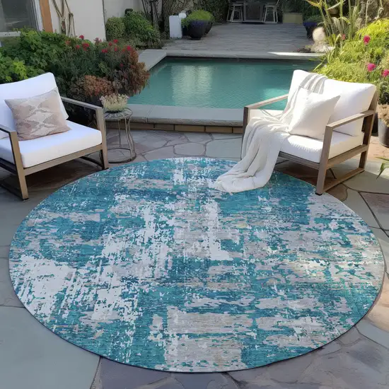 8' Teal Blue Gray And Ivory Round Abstract Washable Indoor Outdoor Area Rug Photo 6