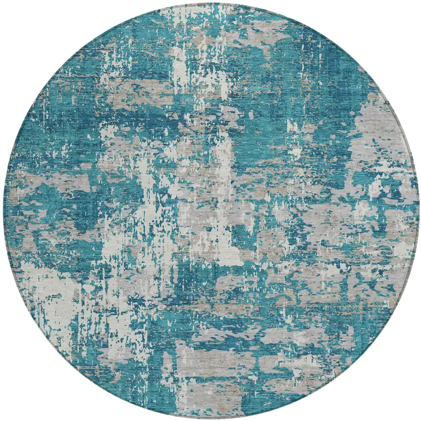 8' Teal Blue Gray And Ivory Round Abstract Washable Indoor Outdoor Area Rug Photo 2