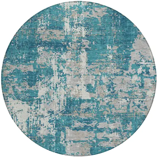 8' Teal Blue Gray And Ivory Round Abstract Washable Indoor Outdoor Area Rug Photo 2
