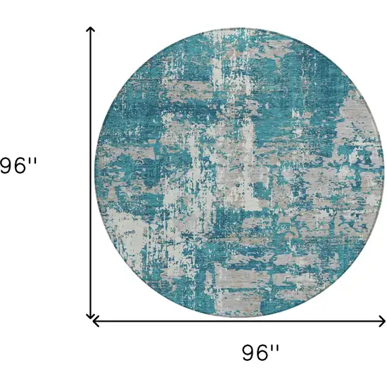8' Teal Blue Gray And Ivory Round Abstract Washable Indoor Outdoor Area Rug Photo 3