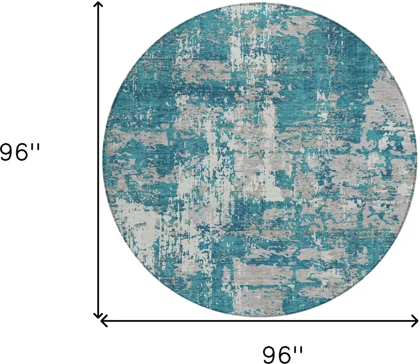 8' Teal Blue Gray And Ivory Round Abstract Washable Indoor Outdoor Area Rug Photo 3