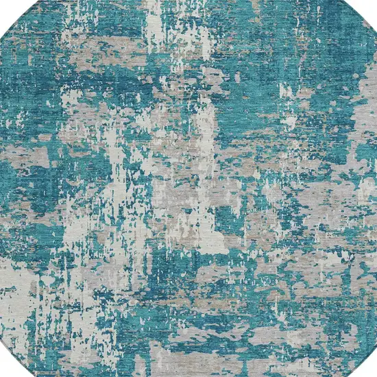 8' Teal Blue Gray And Ivory Round Abstract Washable Indoor Outdoor Area Rug Photo 5