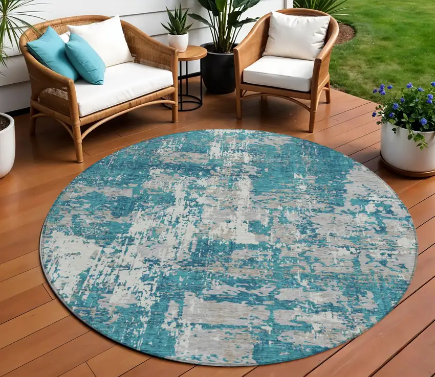 8' Teal Blue Gray And Ivory Round Abstract Washable Indoor Outdoor Area Rug Photo 1