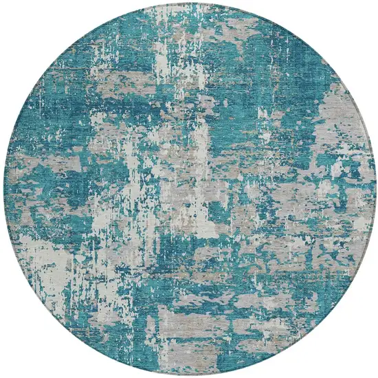 8' Teal Blue Gray And Ivory Round Abstract Washable Indoor Outdoor Area Rug Photo 4