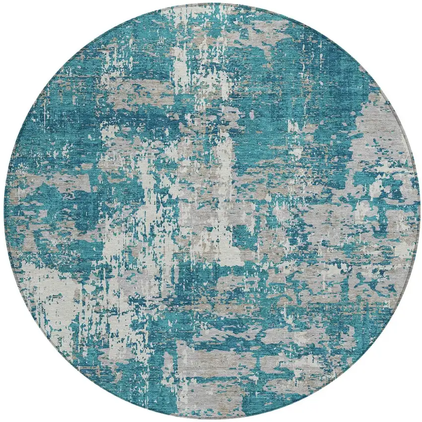 8' Teal Blue Gray And Ivory Round Abstract Washable Indoor Outdoor Area Rug Photo 4