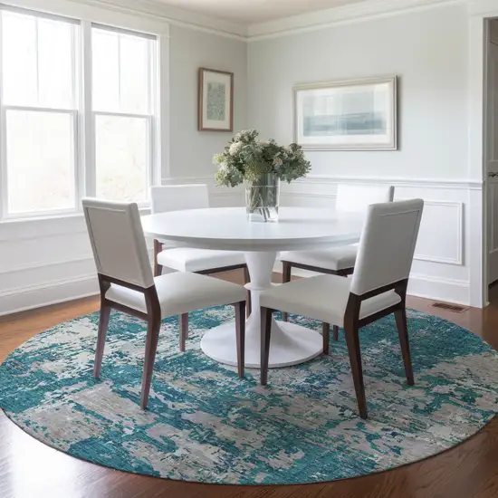 8' Teal Blue Gray And Ivory Round Abstract Washable Indoor Outdoor Area Rug Photo 7