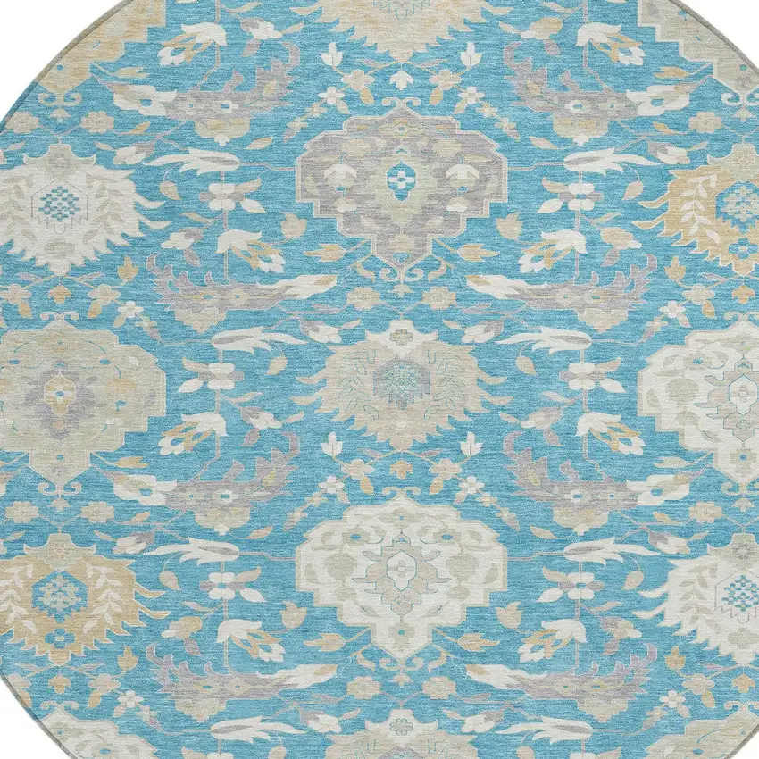 8' Teal Blue Gray And Ivory Round Damask Washable Indoor Outdoor Area Rug Photo 5