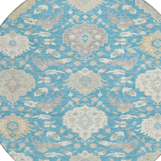 8' Teal Blue Gray And Ivory Round Damask Washable Indoor Outdoor Area Rug Photo 5