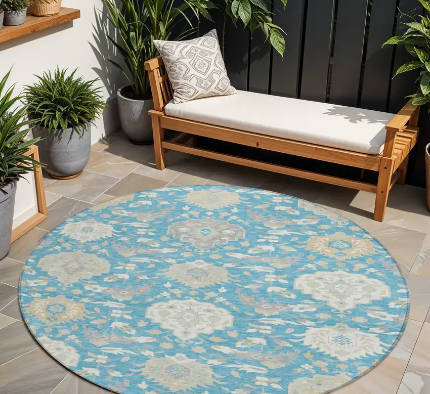 8' Teal Blue Gray And Ivory Round Damask Washable Indoor Outdoor Area Rug Photo 1