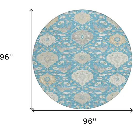 8' Teal Blue Gray And Ivory Round Damask Washable Indoor Outdoor Area Rug Photo 3